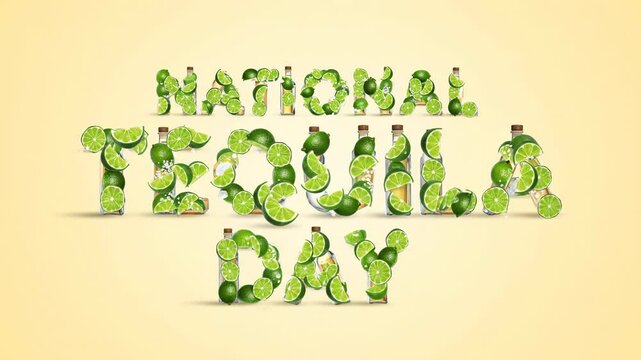 Vibrant green limes and miniature tequila bottles combine to spell National Tequila Day words on simple light background.