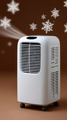Portable air conditioner with snowflakes on brown background