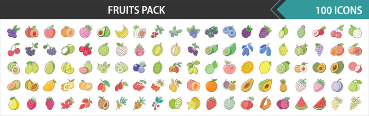 Diverse Fruits Mega Icon Bundle: 100 Flat Illustrations of Healthy, Organic, and Fresh Produce for Nutrition and Diet Themes