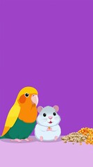 Cartoon parrot and hamster with seeds on purple background