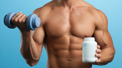 Muscular young caucasian male lifting blue dumbbell and holding supplement bottle