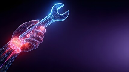 Wireframe hand holds a glowing wrench tool in a digital construction concept.