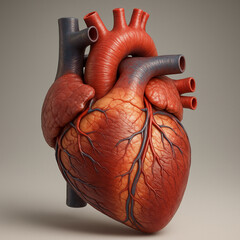 A highly detailed, anatomically accurate 3D rendering of a human heart, vividly colored and realistically textured. 