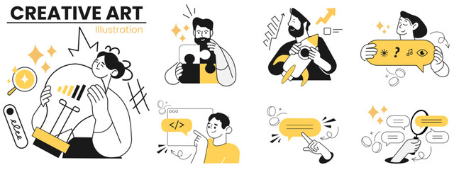 A set of diverse illustrations showcasing creative individuals engaged in various aspects of innovation. Creative professionals with diverse skills, celebrating innovation and ideas.