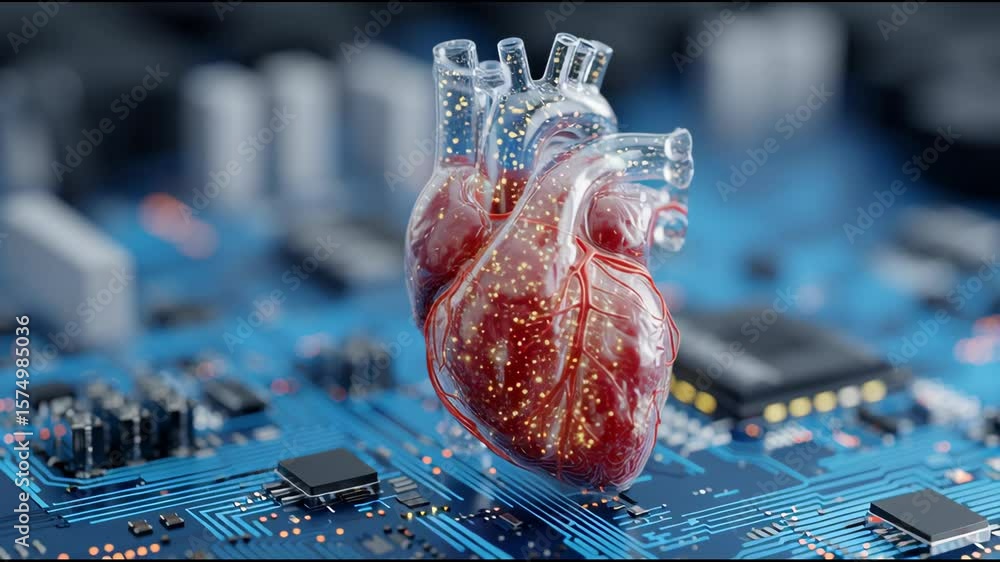 Aufkleber digital heart model on a circuit board representing medical technology and cardiac data integration