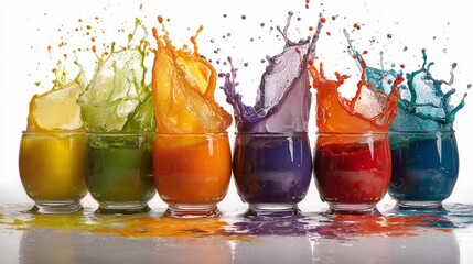 Colorful liquid splashes from glasses create vibrant rainbow effect.