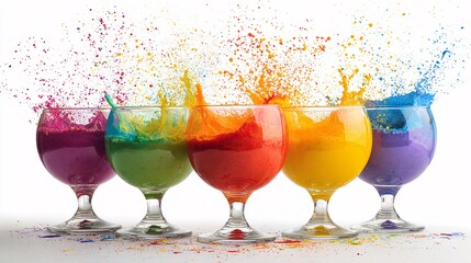 Colorful liquids splash from wine glasses in a vibrant display of colors.
