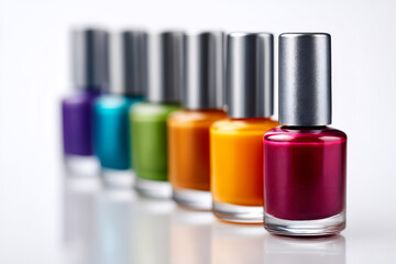Vibrant Nail Polish Bottles Arrayed in a Row on White Background
