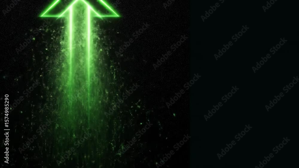 Poster green digital arrow pointing upward on black background with light particles. business growth concep