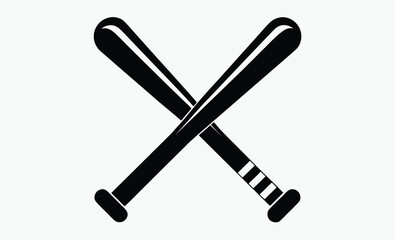 Crossed baseball bat silhouette, Monochrome two crossed baseball bats, icon sports tool. Vector illustration, isolated on white background. Simple shape for design logo, emblem, symbol, sign, badge, 