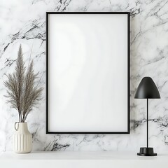 Elegant black frame mockup on a marble wall featuring a vase with dried plant and a stylish table lamp