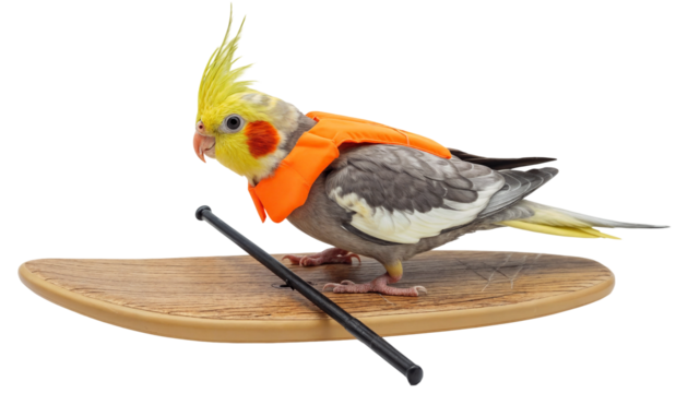 adventurous cockatiel, Nymphicus hollandicus, on a stand up paddleboard with life vest