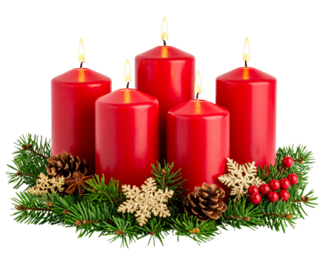 our red candles with christmas decoration isolated on transparent background PNG fil