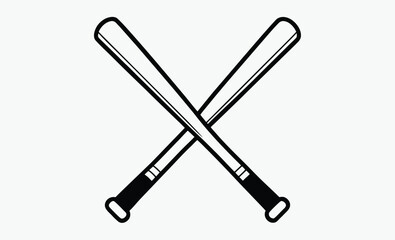 Crossed baseball bat silhouette, Monochrome two crossed baseball bats, icon sports tool. Vector illustration, isolated on white background. Simple shape for design logo, emblem, symbol, sign, badge, 