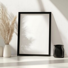 Minimalist interior setup showcases blank frame with dried pampas grass and ceramic vases on a modern shelf.
