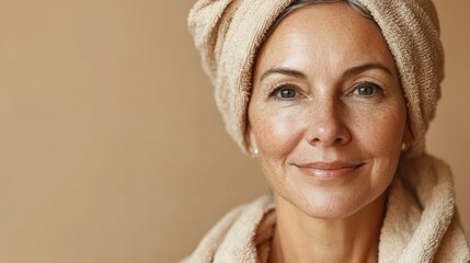 Elderly Woman with Towel on Head Performing Skincare Ritual in Calm Environment Focused on Facial Beauty and Self-Care Routine