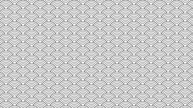 Japanese Seigaiha black semicircle wave pattern seamless loop background animation moving from left to right. 4K background animated for motion graphics, infographics, overlays, and video editing.