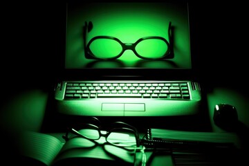 Green-lit laptop and eyeglasses on a dark desk.