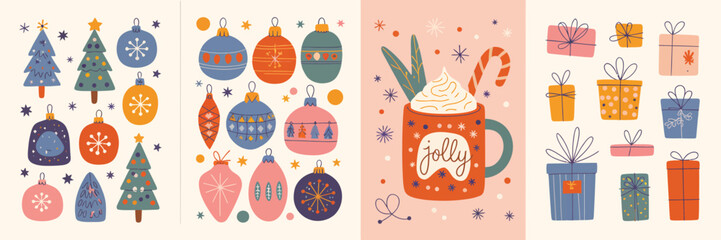 Merry Christmas and Happy New Year 2026 – Cute Vector Illustration with Christmas Tree, Ornaments, Gifts, and Coffee for Festive Greeting Cards, Patterns, and Holiday Backgrounds