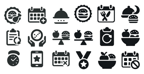 Set of food, calendar, platter, apple, burger, clipboard, medal, clock, phone, star, badge.