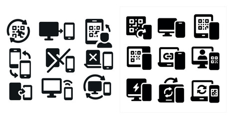 Set of technology icons: QR code, monitor, smartphone, tablet, person, cycle arrows.