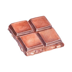 Watercolor illustration of dark chocolate bar with nuts in isometric view. Perfect for dessert packaging, cafe menu design, confectionery branding, or culinary blog visuals