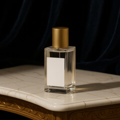 perfume with white stickers on a luxurious table with a fabric backdrop