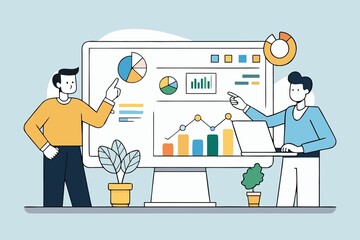 Two business professionals analyzing data charts and graphs on a computer screen