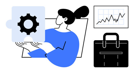 Female figure holding puzzle piece with gear, signifying problem-solving. Nearby elements include a rising graph and a briefcase. Ideal for teamwork, business, analysis, leadership, productivity