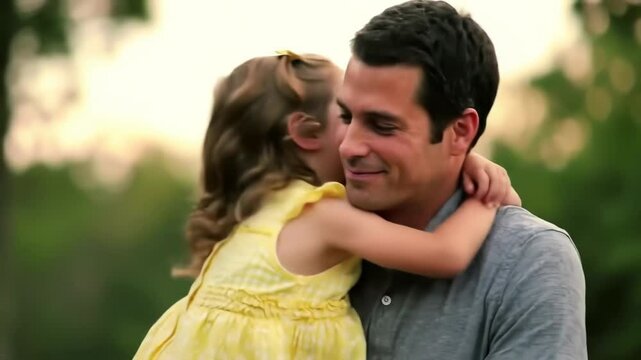 Little girl embraces smiling man outdoors, showing tender loving family bond and happiness. Father and daughter