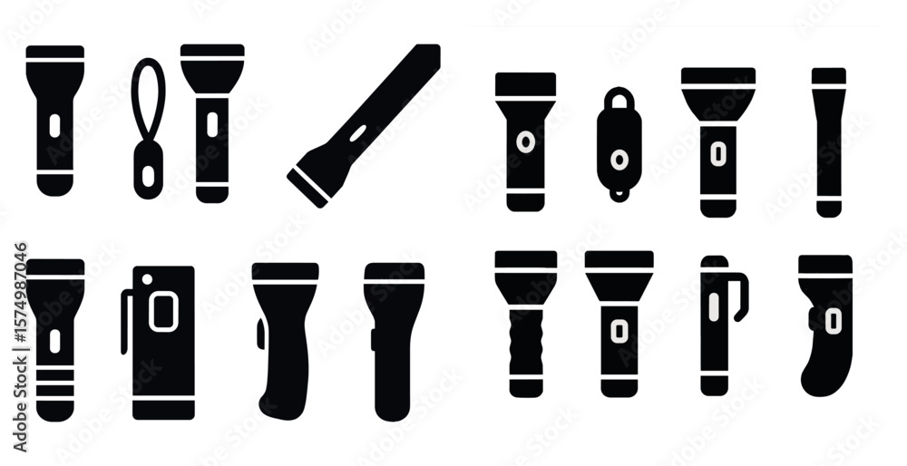 Poster set of various flashlight icons in different shapes and designs, including torches.