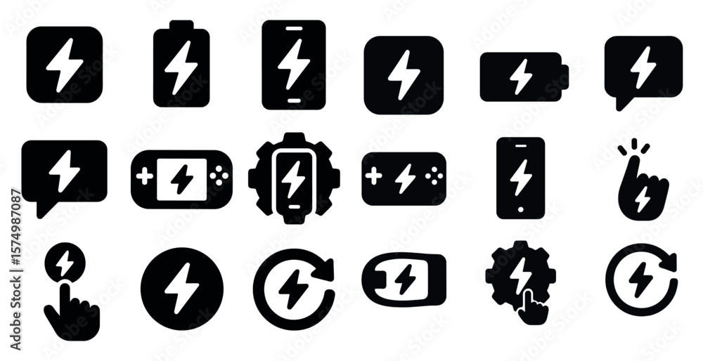 Poster collection of black and white icons that represent various electronic devices and their power source