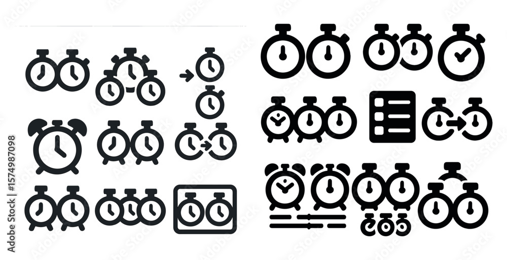 Poster set of stopwatch and clock icons, arranged in rows with various designs.