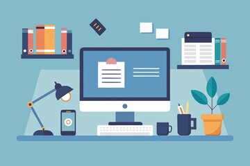 Illustration of a modern home office setup with computer and accessories