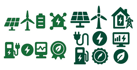 Set of green icons: solar panels, wind turbine, battery, energy, house, leaf, fuel pump.