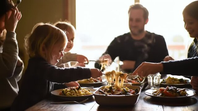 Family members gather around rustic wooden table enjoying delicious warm homemade meal together