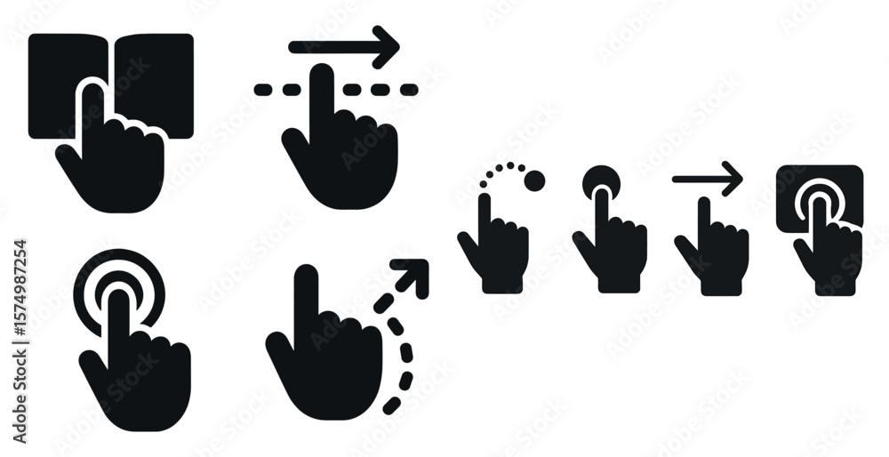 Poster set of finger swipe, tap, and gesture icons showing various touch actions.