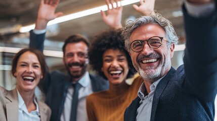 Diverse team celebrating success, joyfully raising hands in modern office, radiating positivity and professional unity in candid group snapshot.