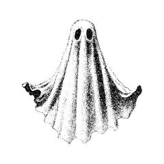 Creepy Halloween ghost collage element with vintage stippling photocopy effect. Retro vector illustration for psychedelic surreal poster, with experimental grunge dotted texture