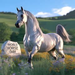 Arabian Horse in Floral Meadow: A majestic Arabian horse gracefully strides through a sun-drenched meadow adorned with wildflowers. World Horse Day.