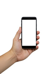 A gender-neutral adult hand with fair skin firmly holds a black modern smartphone vertically, its blank white screen with a 'dynamic island' cutout against a transparent background with copy space,