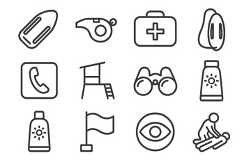 Beach safety icons set: lifeguard, first aid, binoculars, sunscreen, whistle