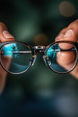 Optical glasses held in hands, vision and eye care concept