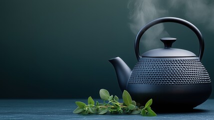 Steaming Black Cast Iron Teapot with Fresh Herbs