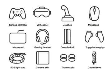 Fototapeta premium Gaming accessories icons: controller, headset, joystick, mousepad, grips