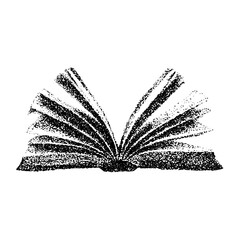Opened book, collage element with vintage stipple photocopy effect, with retro grainy texture. Vector illustration for grunge psychedelic surreal poster or tattoo in 90s aesthetic.