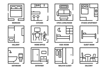 Floor plan icons: bedroom, kitchen, living room, home office, bathroom