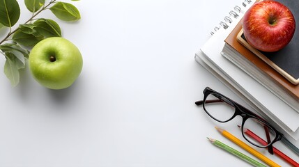 A green apple and a red apple with books, glasses and pencils on a white table.  A sprig of green leaves is to the left of the green apple.  Perfect for education, health, or back-to-school concepts.