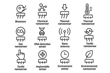 Various types of nanosensor icons on dark background