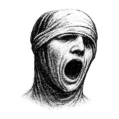 Mystical antient statue head, collage element with vintage stipple photocopy effect, with retro grainy texture. Vector illustration for grunge psychedelic surreal poster or tattoo in 90s aesthetic